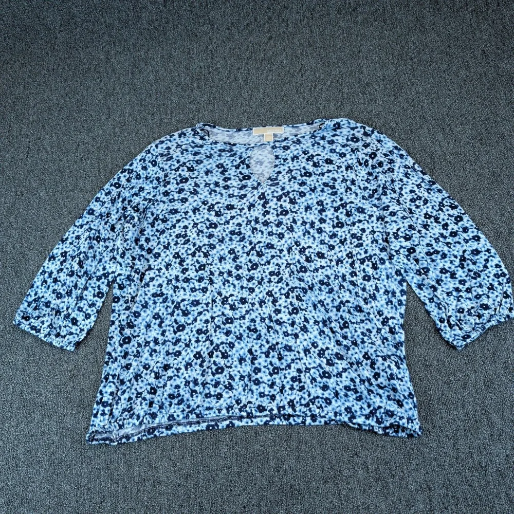 Michael Michael Kors 1X Women Blue Floral Keyhole 3/4 Sleeve Viscose‎ Blouse Top